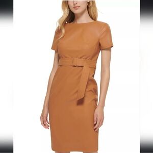 CALVIN KLEIN Faux Leather Belted Midi Dress NEW